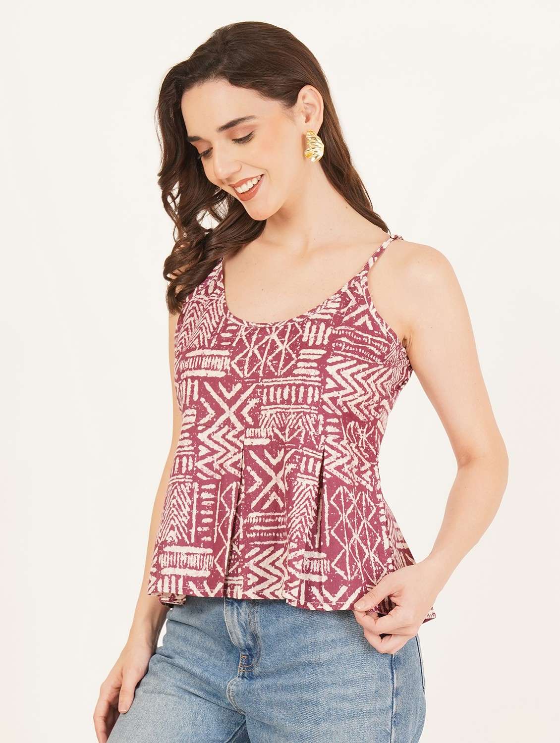 women printed shoulder strap a-line top - 22084234 - Standard Image - 1