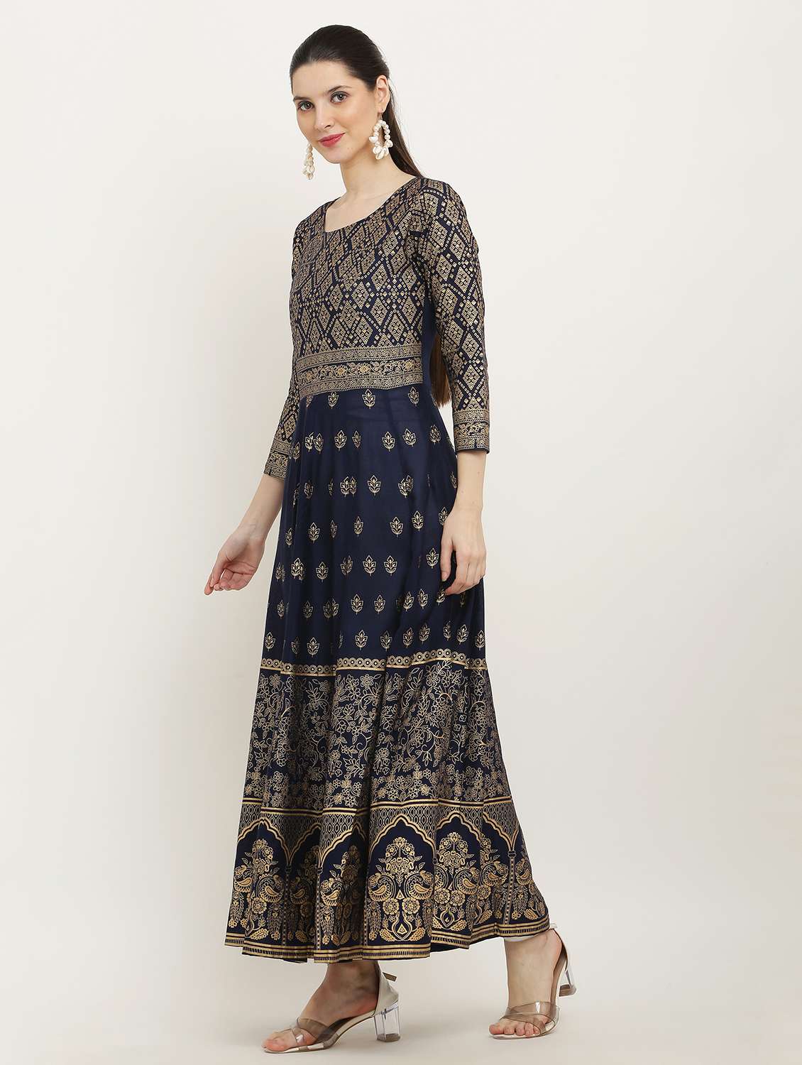 women printed three quarter sleeve flared dress - 22084237 - Standard Image - 1