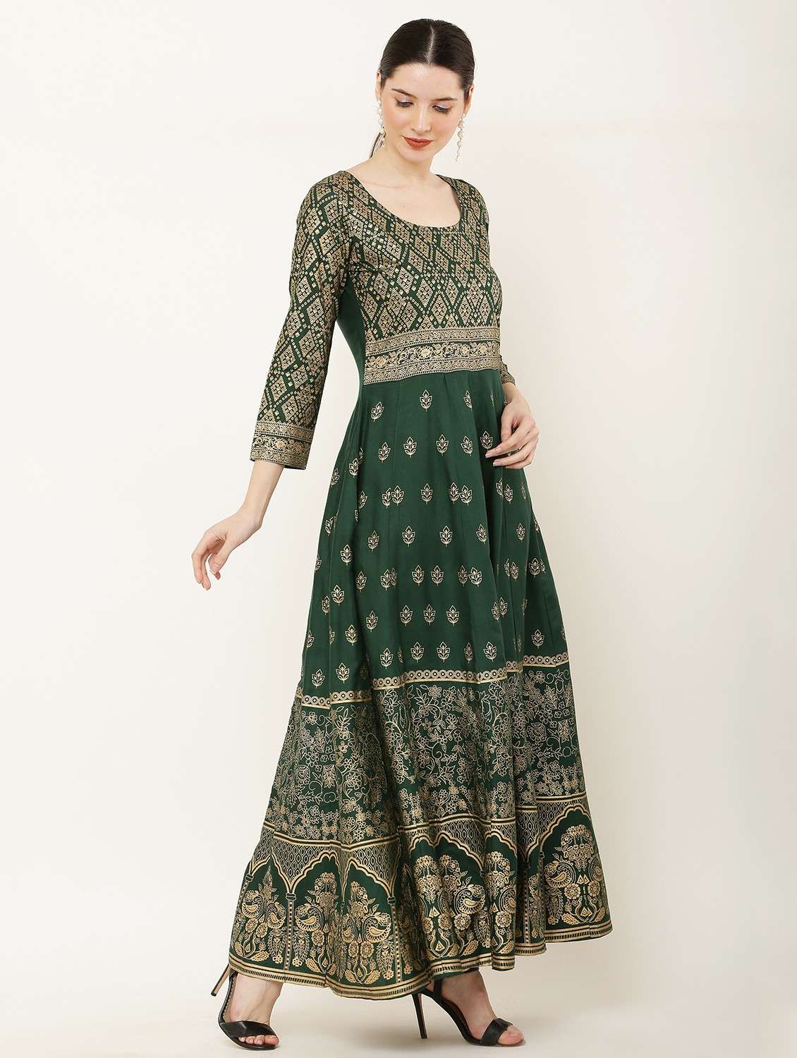women printed three quarter sleeve flared dress - 22084238 - Standard Image - 1