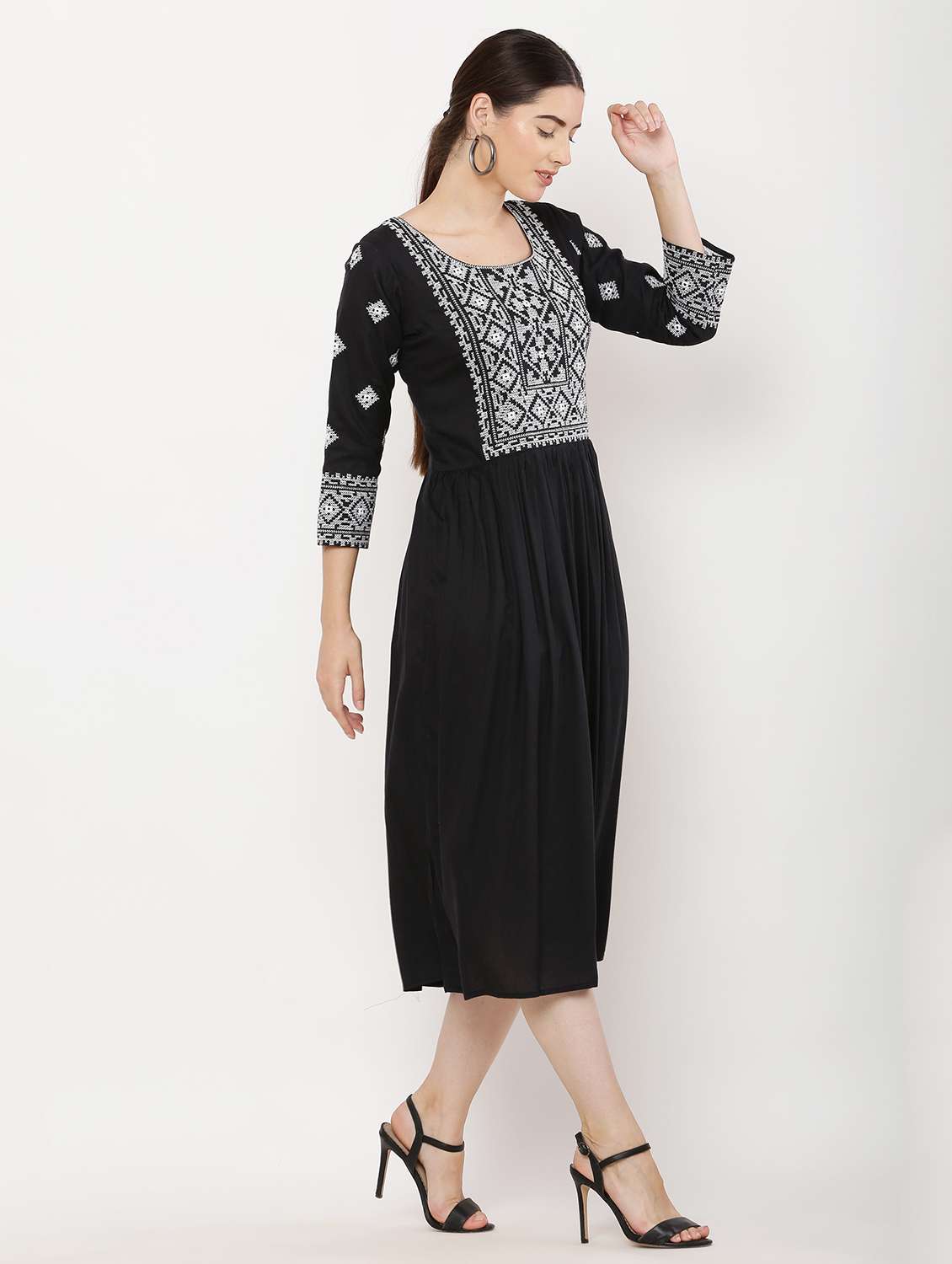 women embroidered three quarter sleeve flared dress - 22084239 - Standard Image - 1