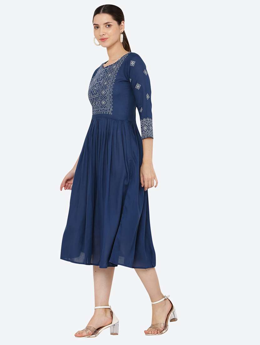 women embroidered three quarter sleeve flared dress - 22084240 - Standard Image - 1