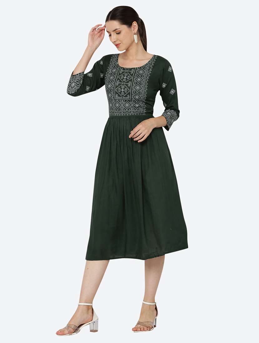 women embroidered three quarter sleeve flared dress - 22084241 - Standard Image - 1