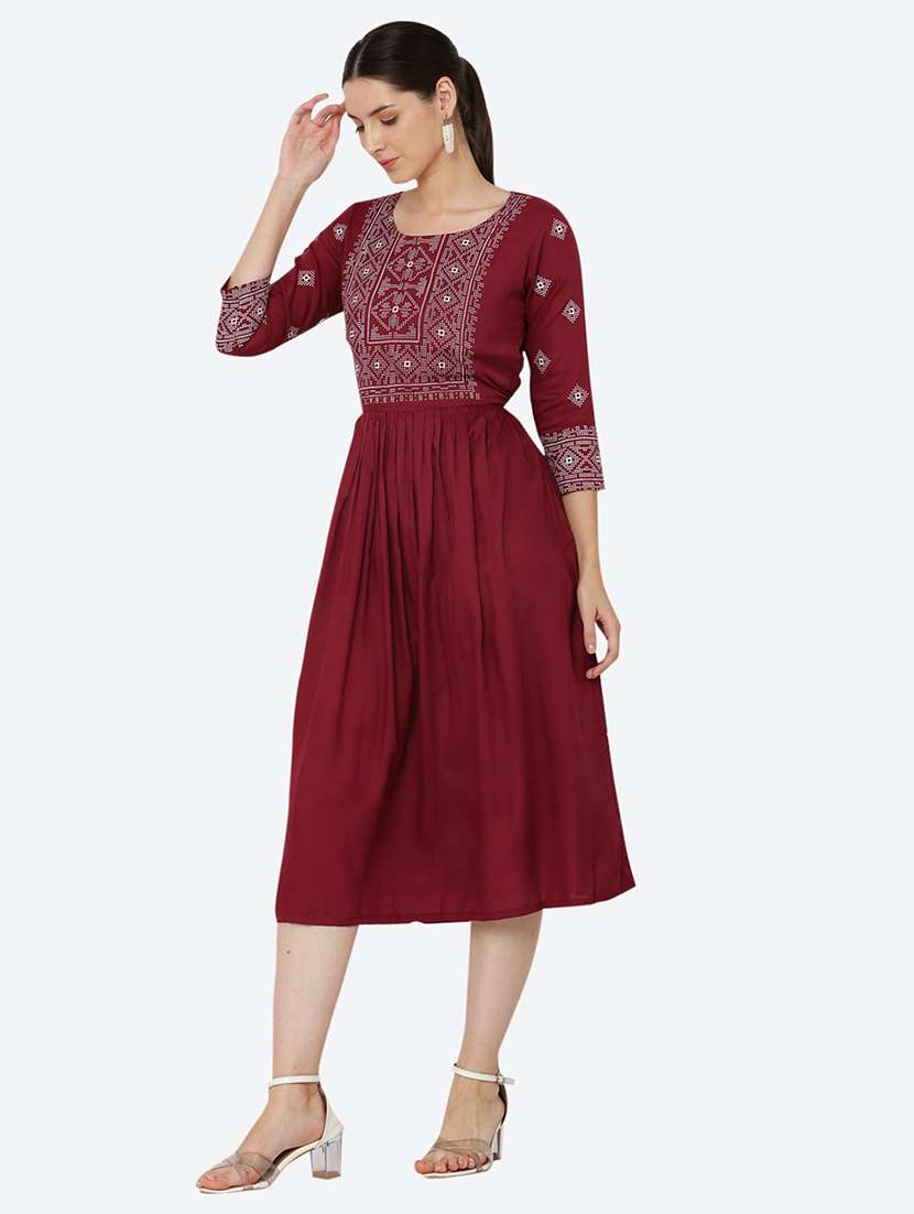 women embroidered three quarter sleeve flared dress - 22084242 - Standard Image - 1