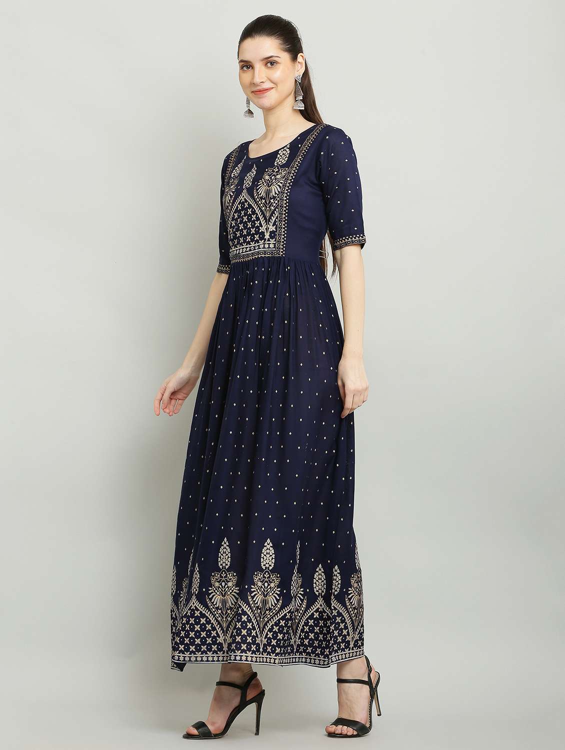 women printed three quarter sleeve a-line dress - 22084244 - Standard Image - 1