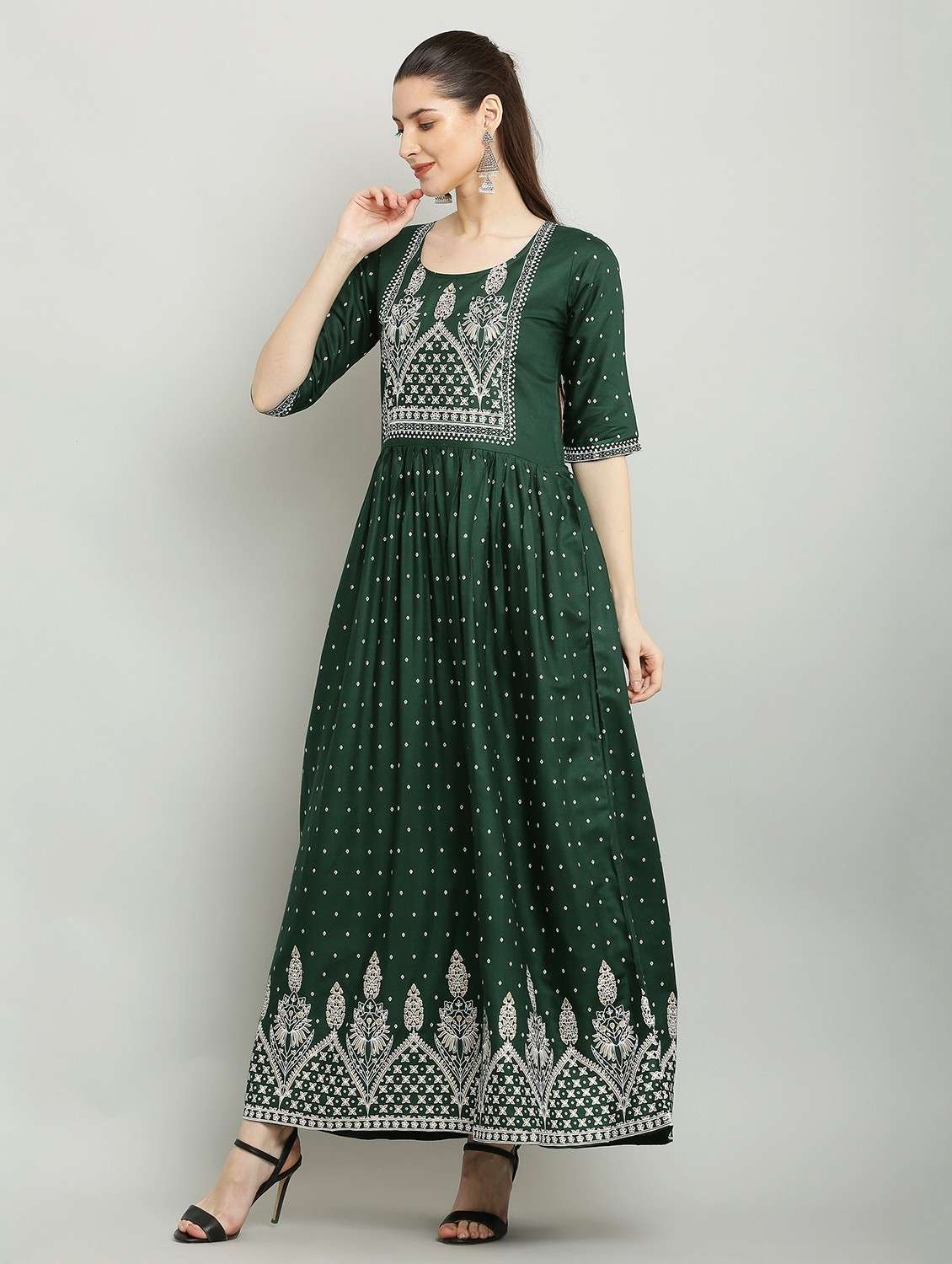 women printed three quarter sleeve a-line dress - 22084245 - Standard Image - 1