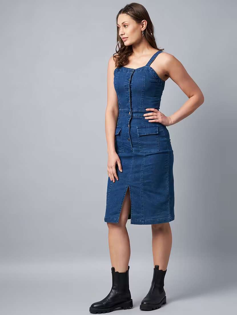 women solid shoulder strap denim bodycon dress - 22084250 -  Standard Image - 1