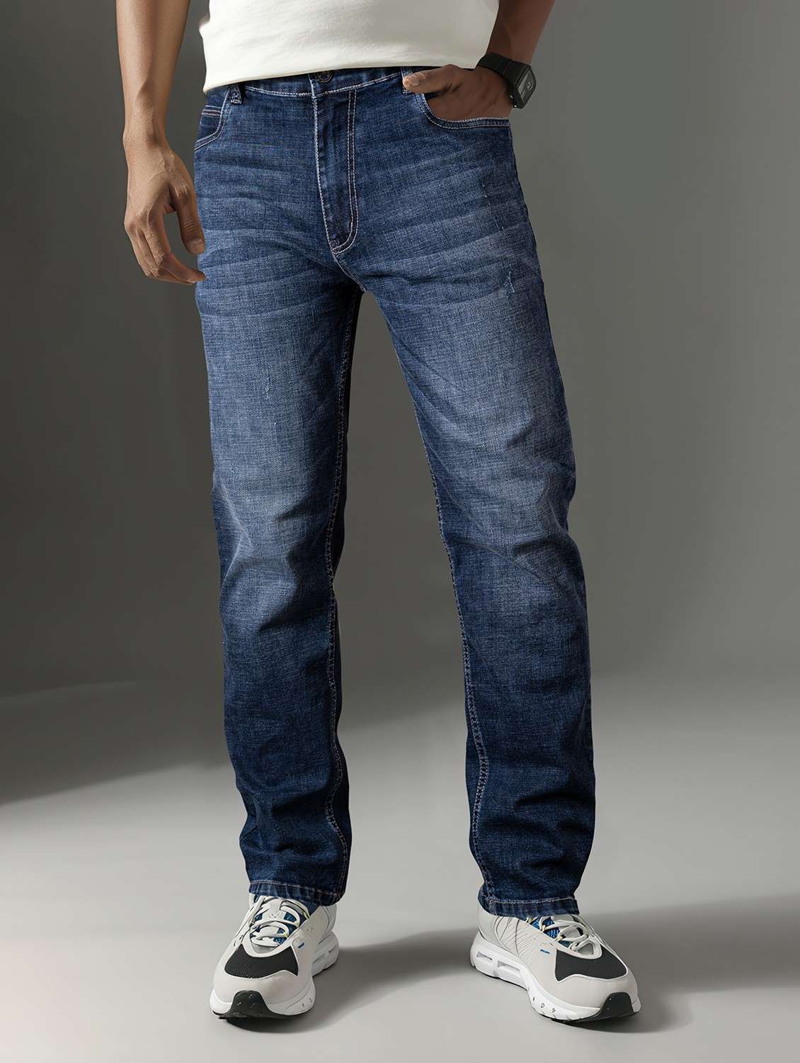 men washed mid rise full length jeans
