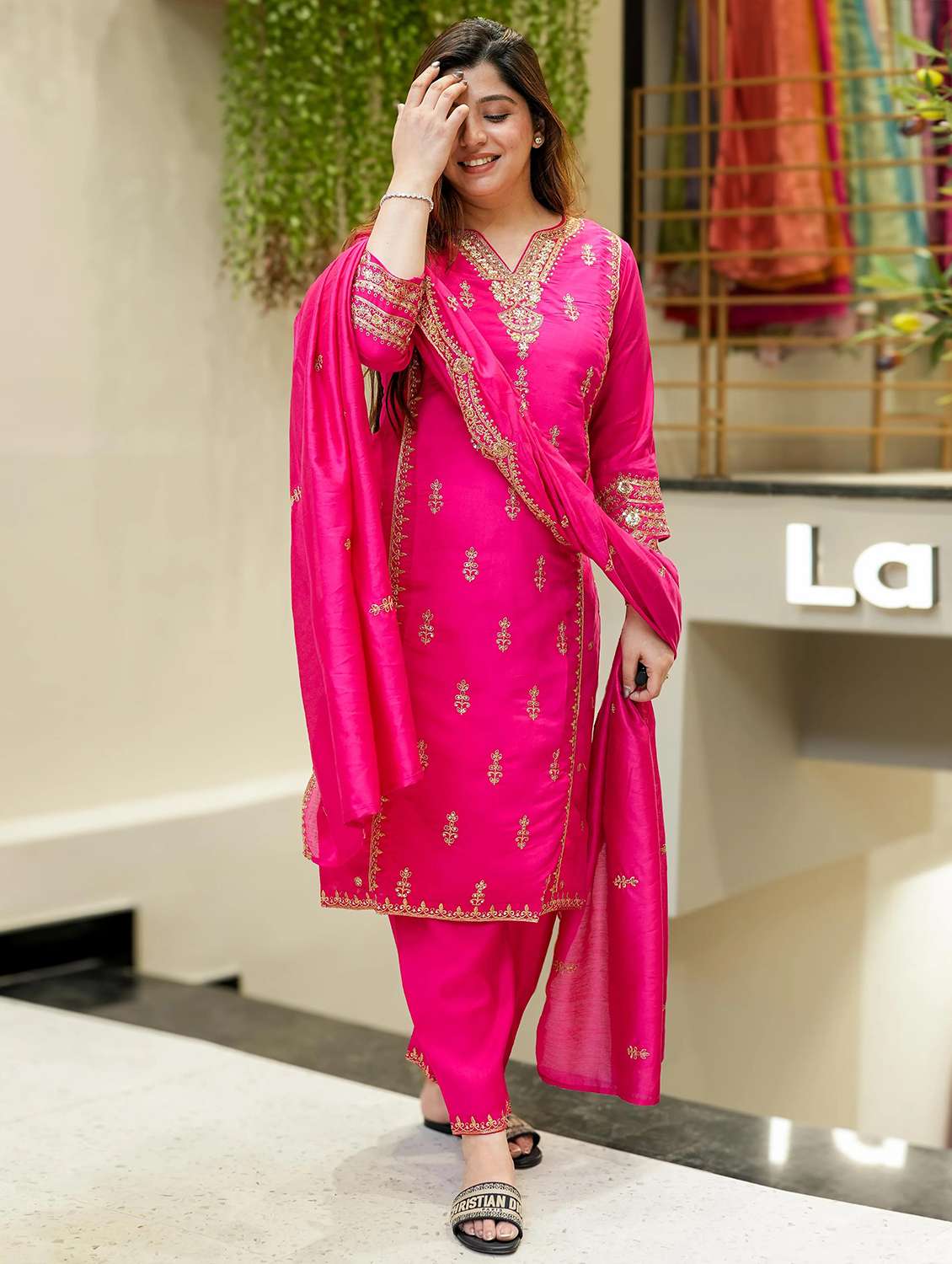 women embroidered three quarter sleeve kurta pant with dupatta set - 22084529 - Standard Image - 1