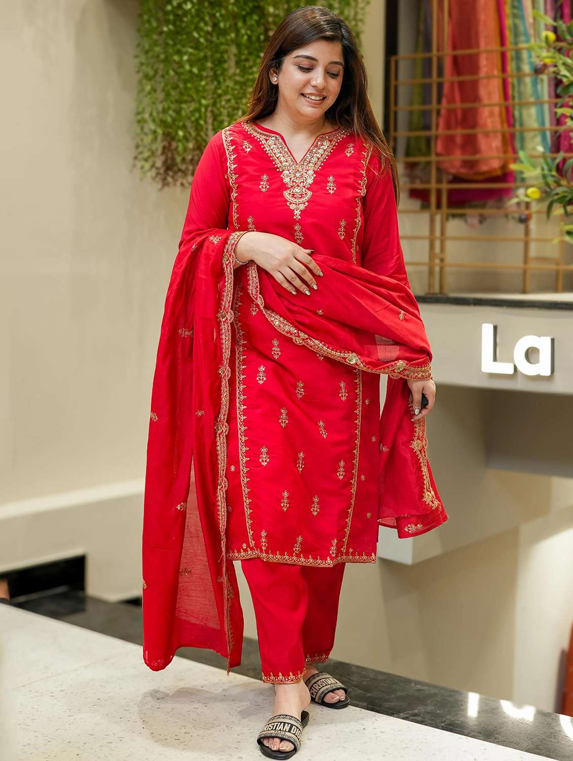 women embroidered three quarter sleeve kurta pant with dupatta set - 22084530 -  Standard Image - 1