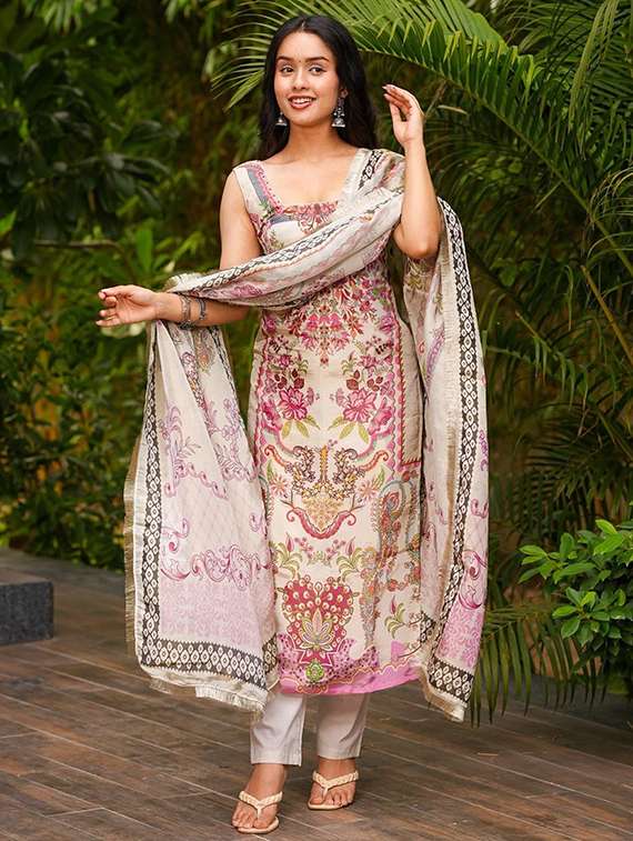 women printed sleeveless kurta pant with dupatta set