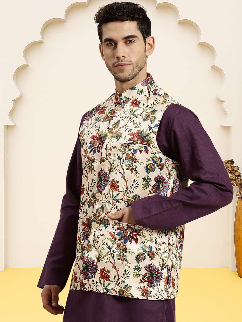 men floral printed sleeveless regular fit nehru jacket - 22084542 -  Standard Image - 1