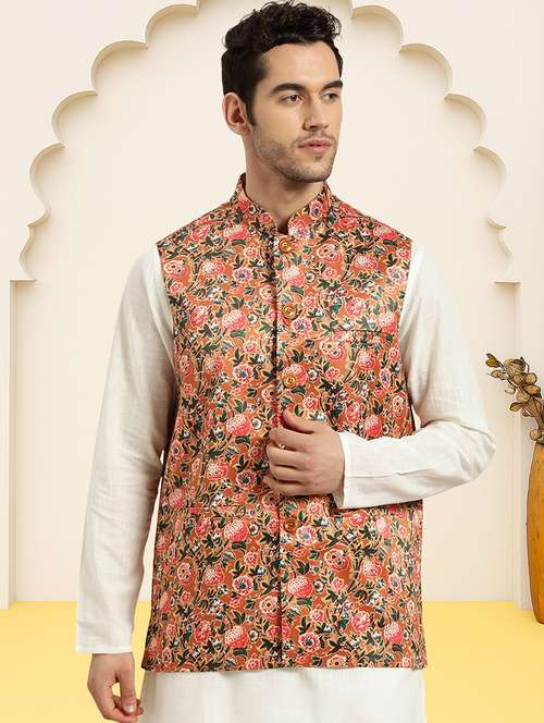 men floral printed sleeveless regular fit nehru jacket - 22084543 -  Standard Image - 0