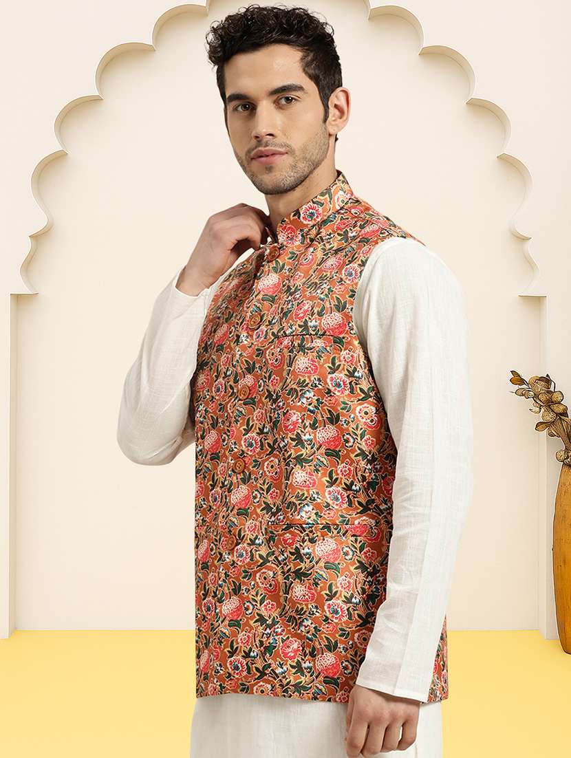 men floral printed sleeveless regular fit nehru jacket - 22084543 -  Standard Image - 1