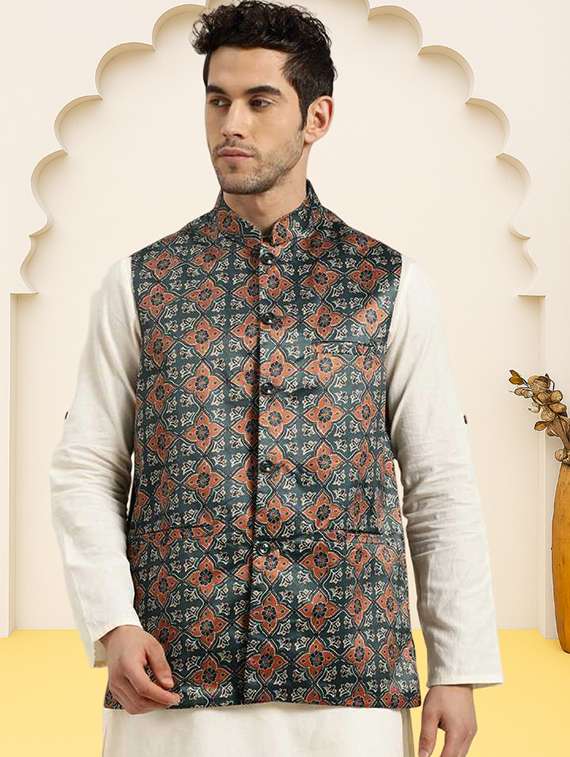 men printed sleeveless regular fit nehru jacket