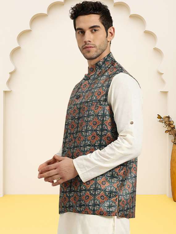 men printed sleeveless regular fit nehru jacket - 22084545 -  Standard Image - 1