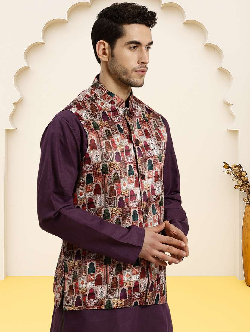 men printed sleeveless regular fit nehru jacket - 22084546 -  Standard Image - 1