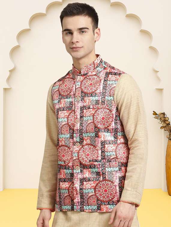 men printed sleeveless regular fit nehru jacket - 22084547 -  Standard Image - 1