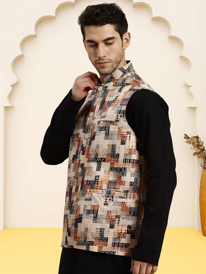 men geometric printed sleeveless regular fit nehru jacket - 22084548 -  Standard Image - 1