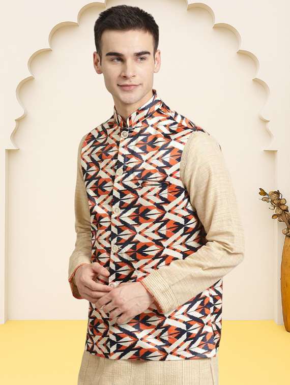 men printed sleeveless regular fit nehru jacket - 22084549 -  Standard Image - 1