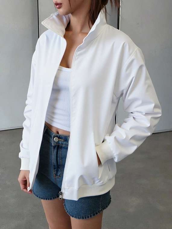 women solid stand collar long sleeve jacket - 22084563 - Standard Image - 1
