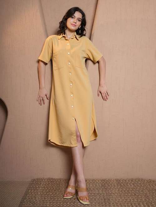 women solid short sleeve collared shirt dress - 22084579 - Standard Image - 0