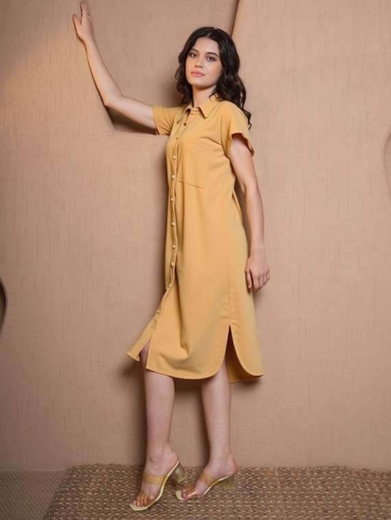 women solid short sleeve collared shirt dress - 22084579 - Standard Image - 1