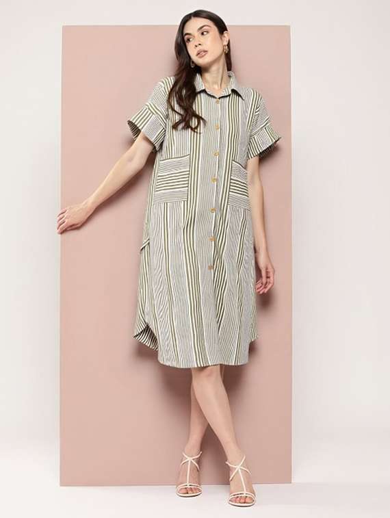 women striped short sleeve collared shirt dress