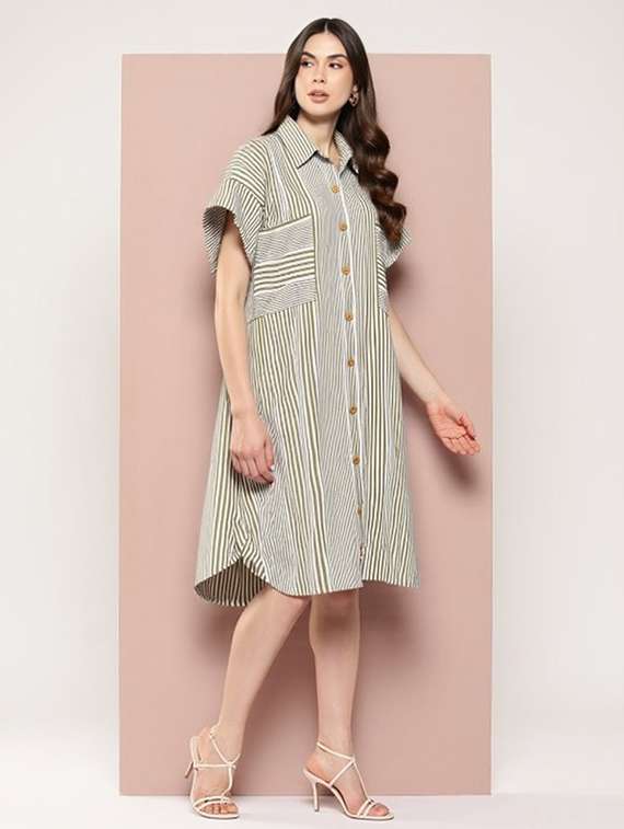 women striped short sleeve collared shirt dress - 22084584 - Standard Image - 1
