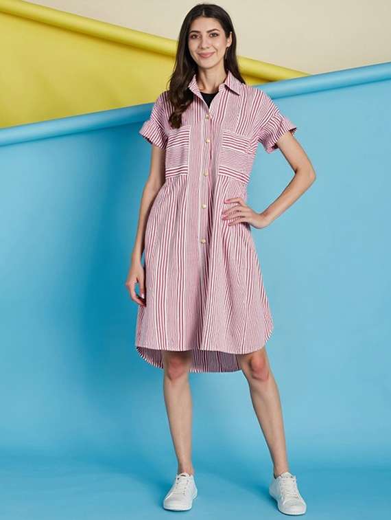 women striped short sleeve collared shirt dress