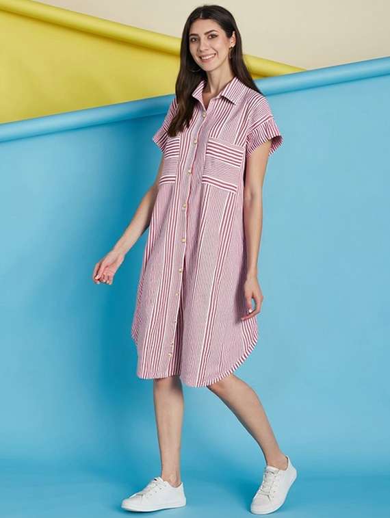 women striped short sleeve collared shirt dress - 22084585 - Standard Image - 1