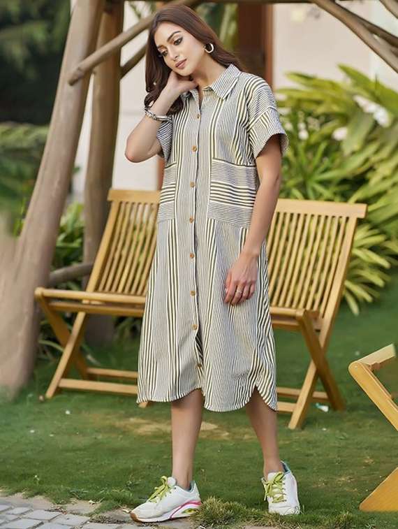 women striped short sleeve collared shirt dress - 22084588 -  Standard Image - 1