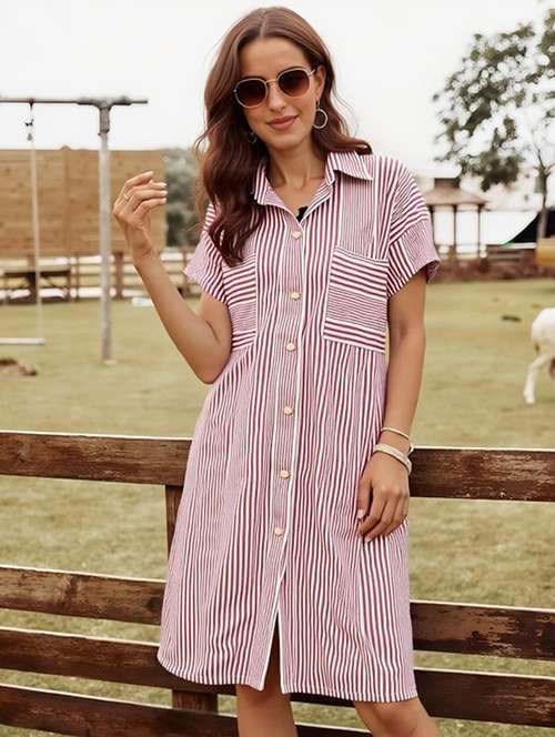 women striped short sleeve collared shirt dress - 22084589 -  Standard Image - 0