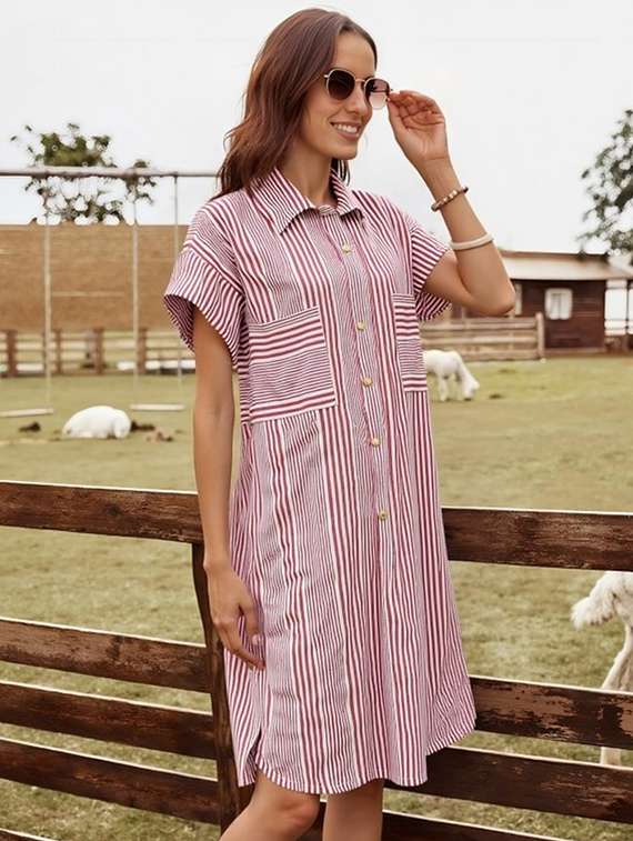 women striped short sleeve collared shirt dress - 22084589 - Standard Image - 1