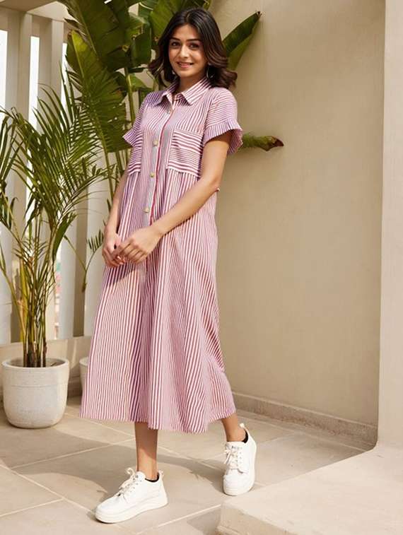 women striped short sleeve collared shirt dress