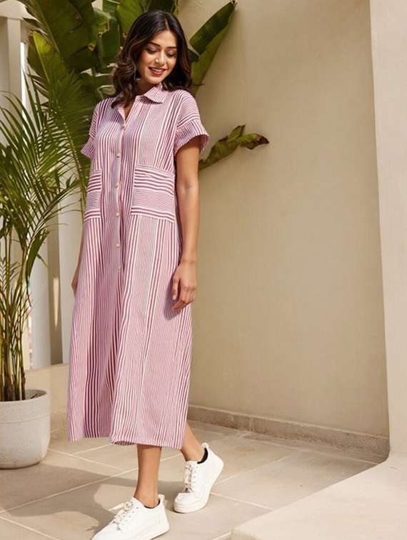 women striped short sleeve collared shirt dress - 22084591 -  Standard Image - 1