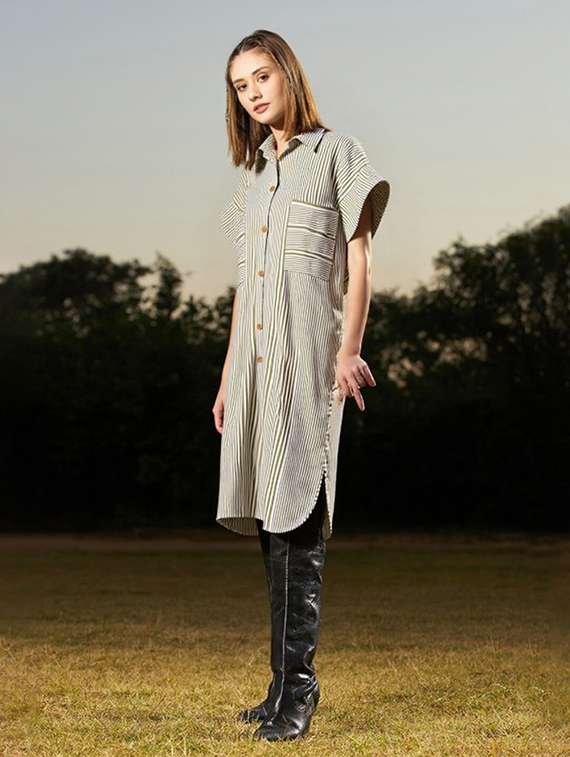 women striped short sleeve collared shirt dress - 22084594 -  Standard Image - 1