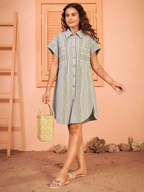 women striped short sleeve collared shirt dress - 22084596 - Standard Image - 0