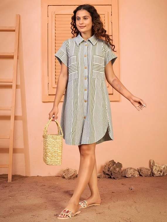 women striped short sleeve collared shirt dress