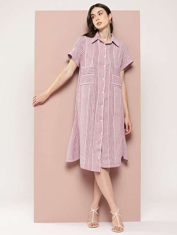 women striped short sleeve collared shirt dress - 22084597 -  Zoom Image - 0