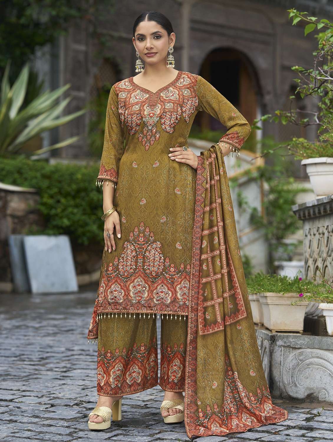 women printed long sleeve kurta palazzo with dupatta set - 22084657 -  Standard Image - 1