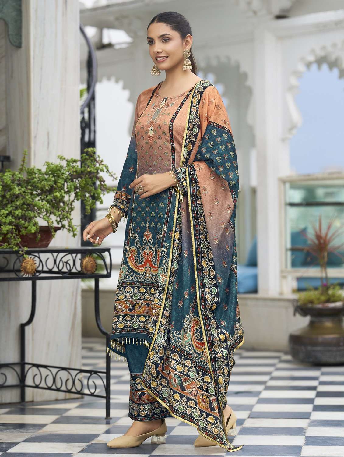 women printed long sleeve kurta palazzo with dupatta set - 22084658 -  Standard Image - 1