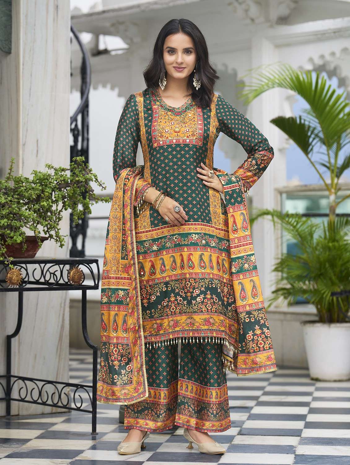 women printed long sleeve kurta palazzo with dupatta set