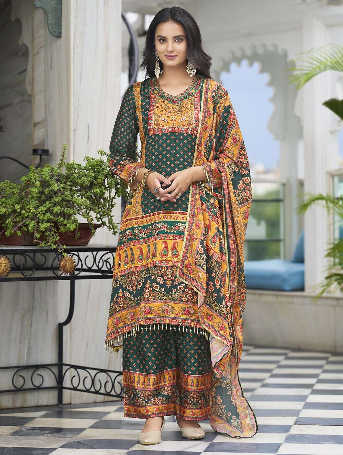 women printed long sleeve kurta palazzo with dupatta set - 22084659 -  Standard Image - 1