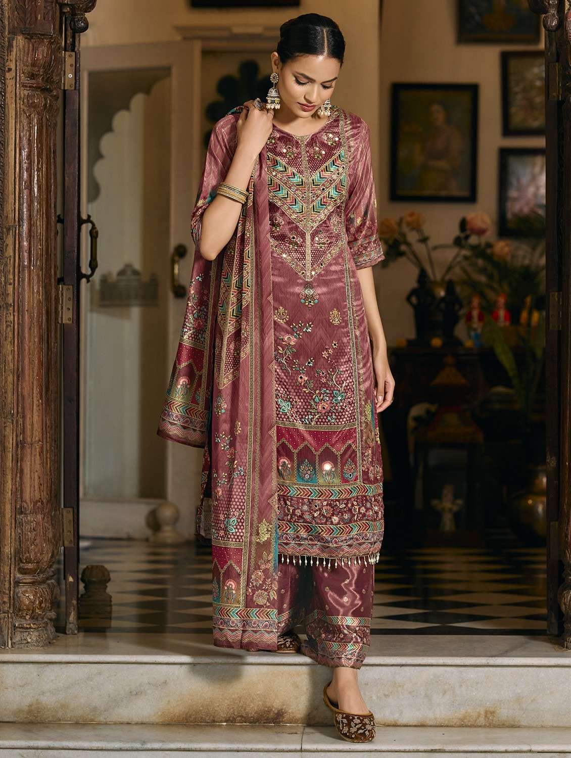 women printed three quarter sleeve kurta palazzo with dupatta set - 22084663 -  Standard Image - 1