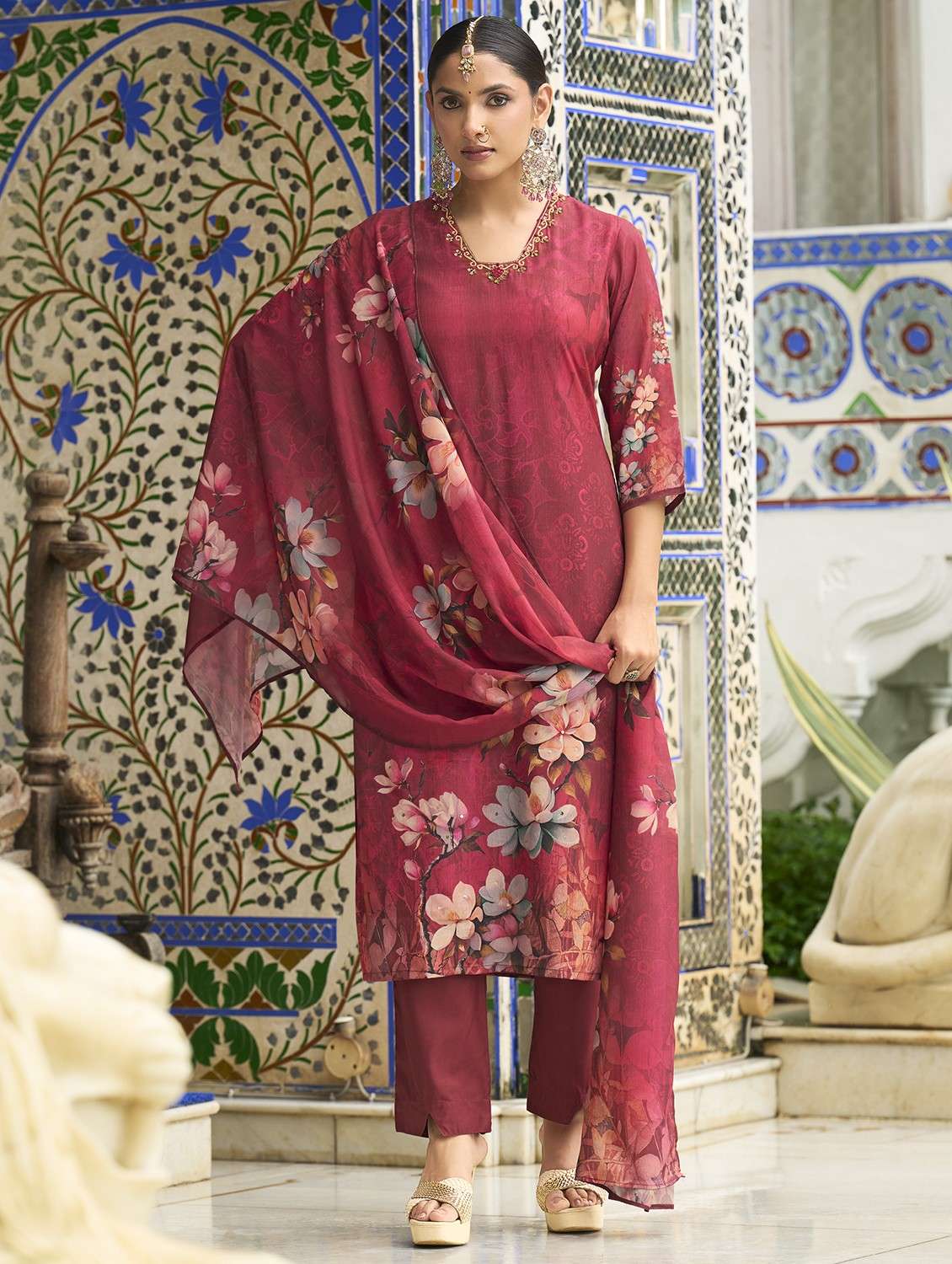 women floral printed three quarter sleeve kurta pant with dupatta set - 22084665 -  Standard Image - 1