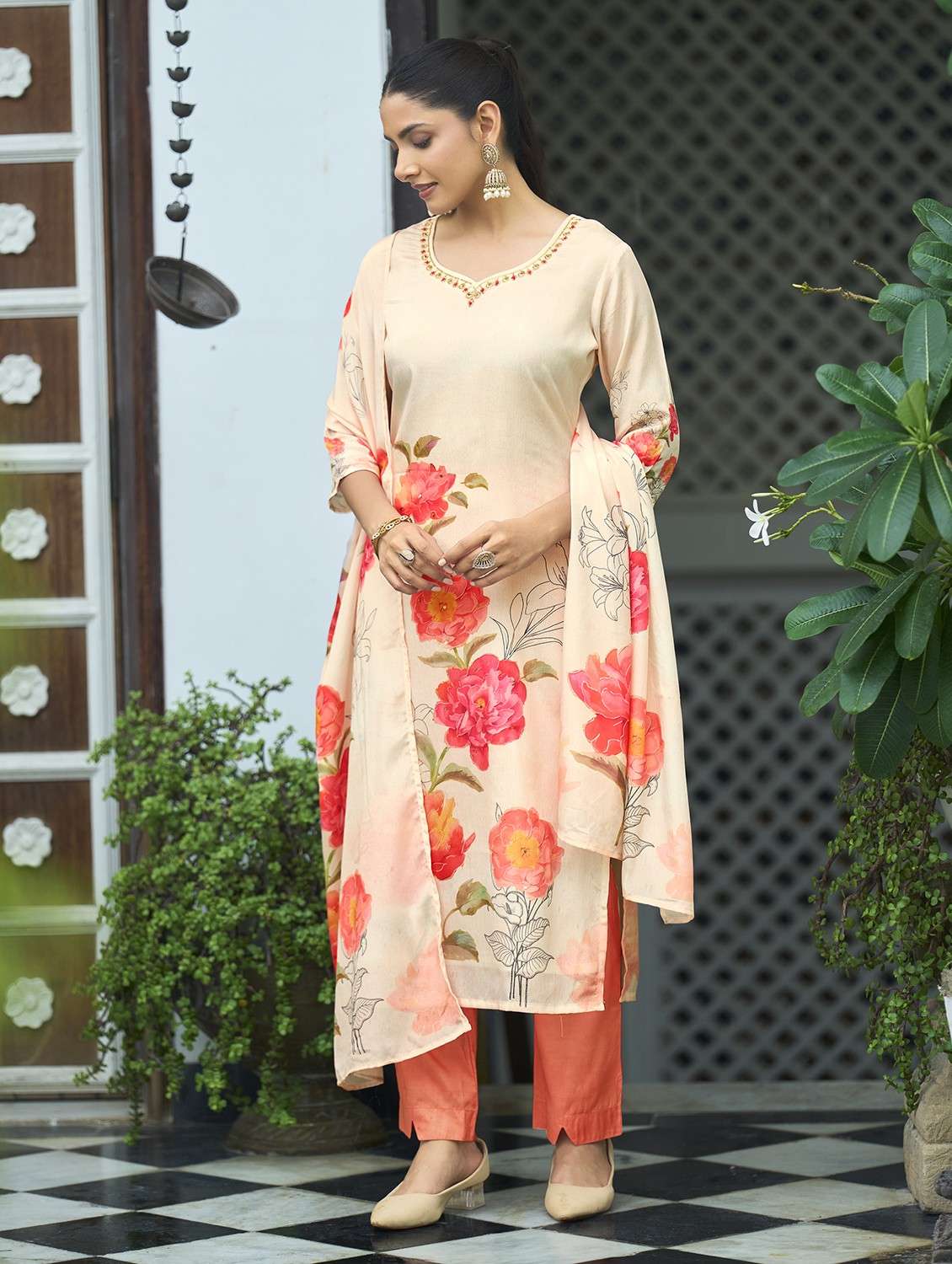 women floral printed three quarter sleeve kurta pant with dupatta set - 22084667 -  Standard Image - 1