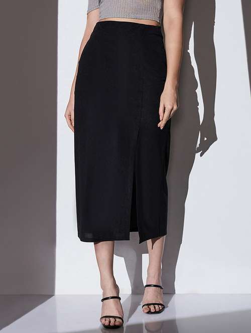 globus women black mid-rise self design striped front slit midi workwear pencil skirt - 22085165 -  Standard Image - 0