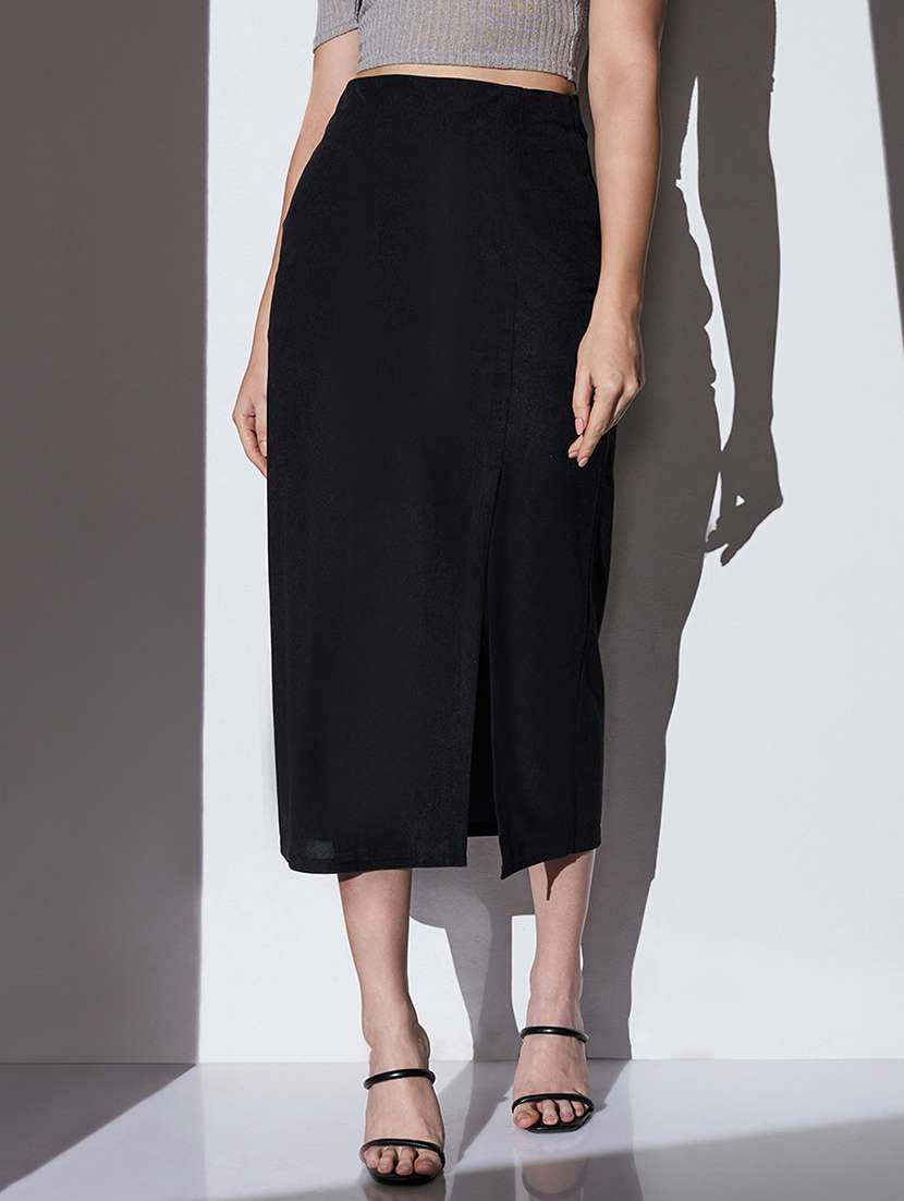 globus women black mid-rise self design striped front slit midi workwear pencil skirt