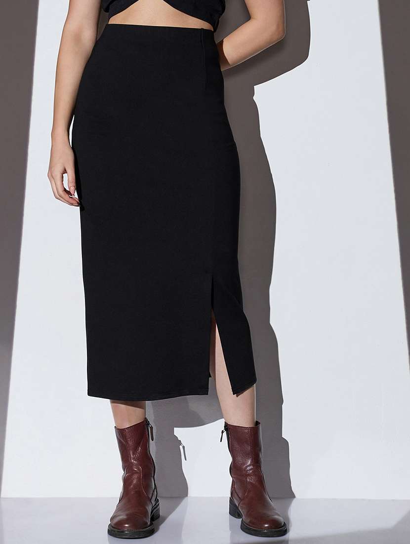 globus women black mid-rise solid stretchable front slit midi workwear pencil skirt