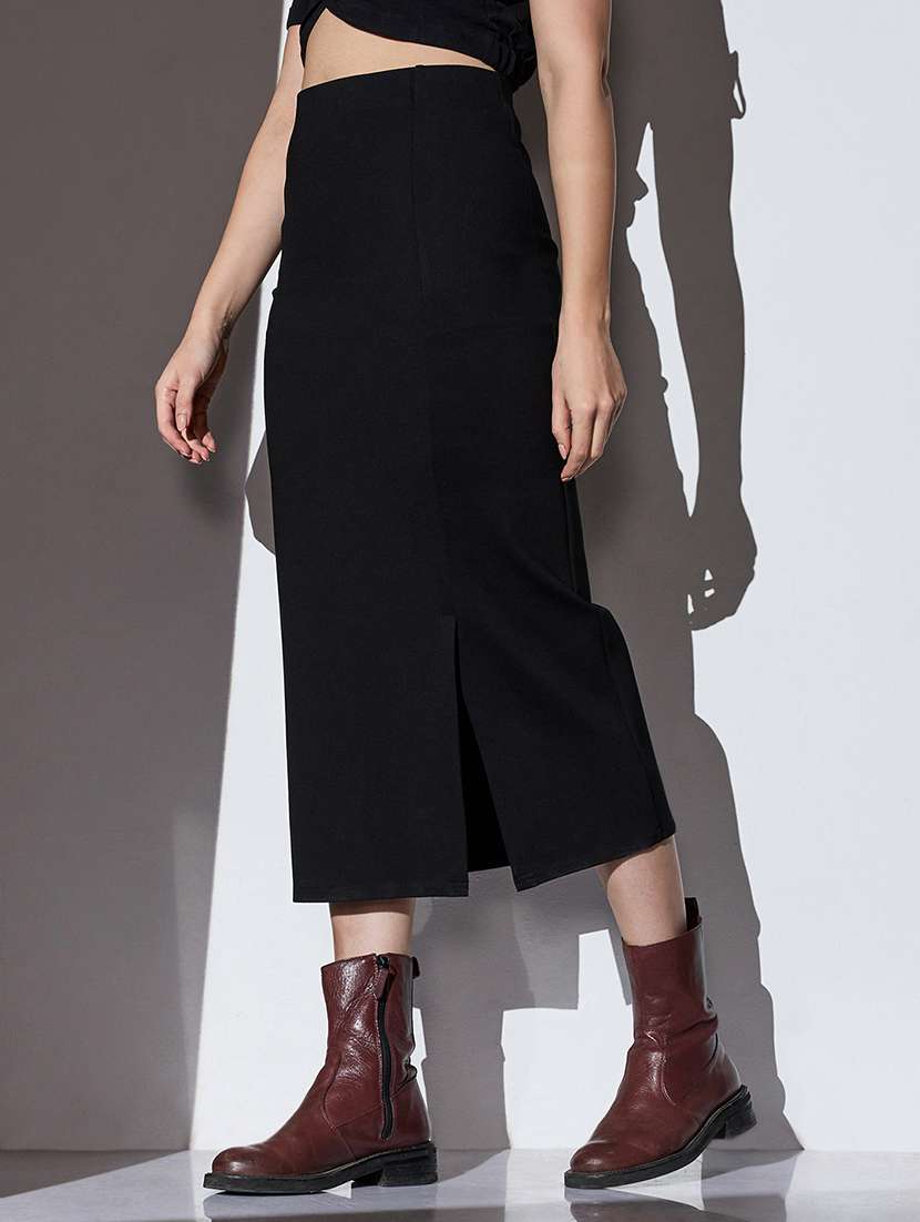 globus women black mid-rise solid stretchable front slit midi workwear pencil skirt - 22085172 -  Standard Image - 1